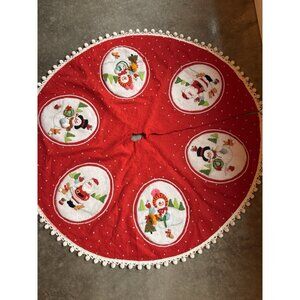 Vintage Bucilla Handmade Sequin Red Felt Santa Snowman Christmas Tree Skirt 42”